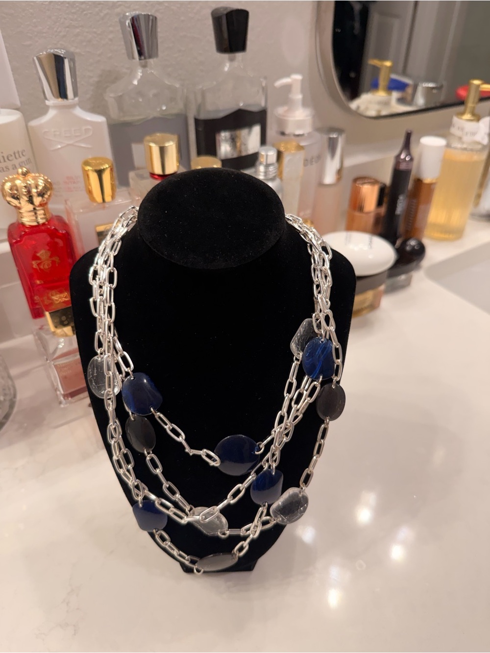 AVON Multi-Strand Silver Chain Necklace with Blue and Gray Stones